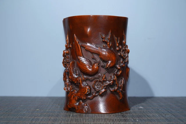 4″ natural boxwood wood carved Magpies on plum blossom branches statue brush pot