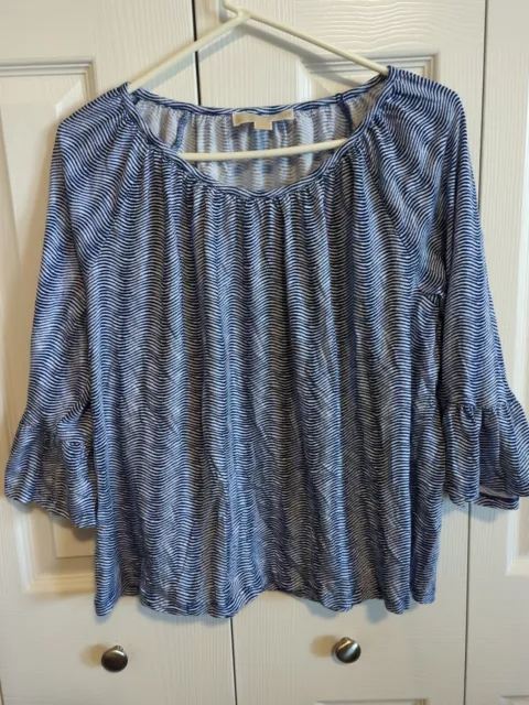 Michael Kors XL Wavy Blue Stripe Tunic Top Boho Peasant Ruffle 3/4 Sleeves  EUC