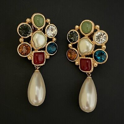 Gripoix Style Etruscan Earrings Gold Cabochon Faux Pearl Dangle Drop Pierced