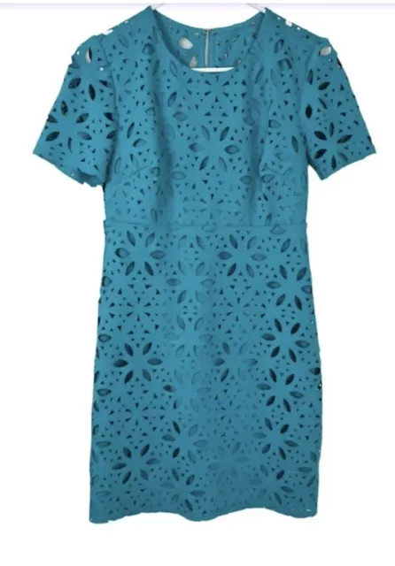 Trina Turk Teal Blue Eyelet Stretch Sheath Shift Mini Dress Size 2