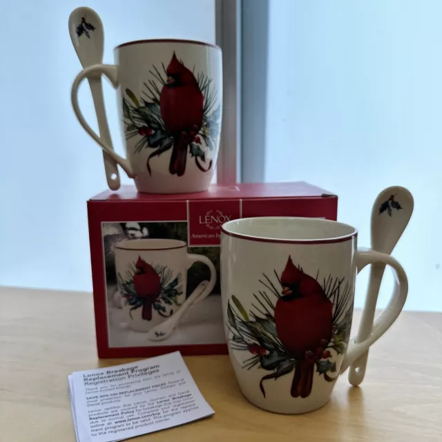 SET (2) Lenox Winter Greetings Cocoa Mugs with Spoons Catherine McClung Cardinal