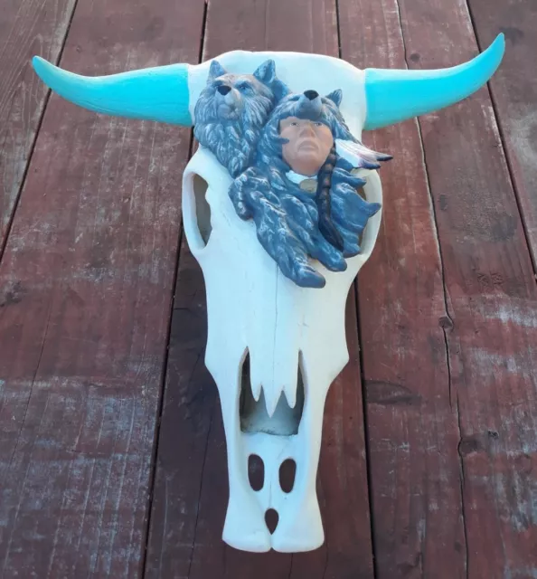 Southwest Native American Wolf Ceramic Steer Cow Skull Wall Painted Wall Art