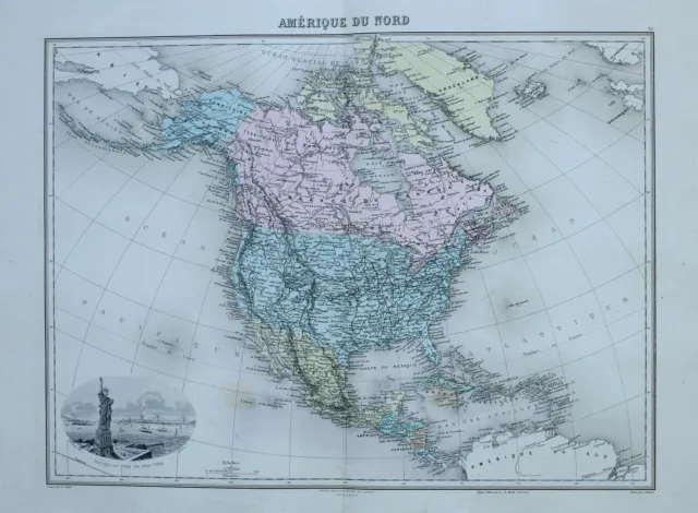 1890 Hand Coloured Map North America United States Canada Alaska New York