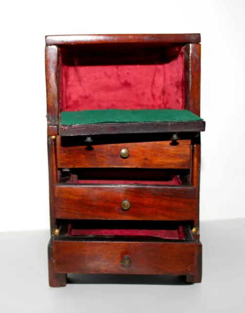 Rare Ancien Jolie Petit Secretaire A Abattant De Poupee En Bois 3 Tiroir Complet 3