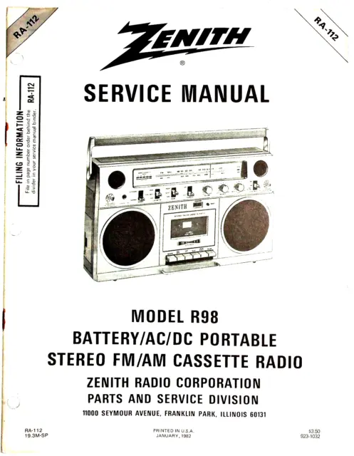Original Zenith Service Manual For R98 Radio Cassette