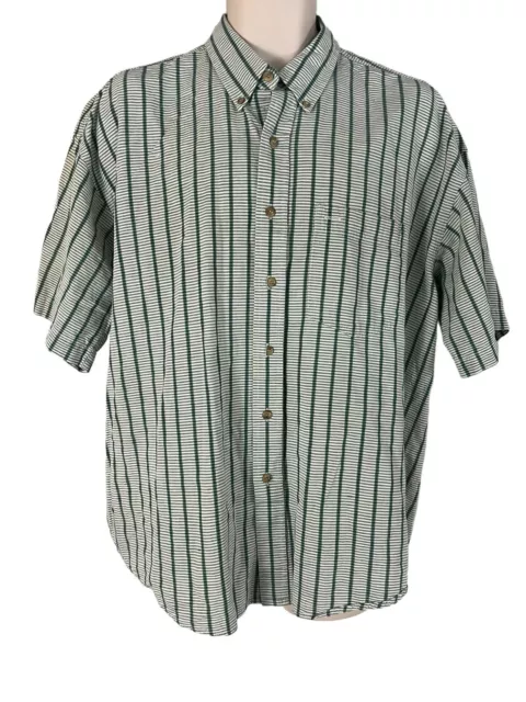Haggar Casuals Mens XL Shirt Short Sleeve Green Stripe Button Pocket Cotton
