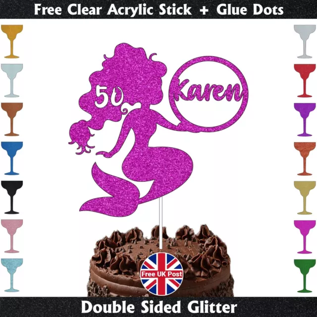 Personalised Girls Birthday Mermaid Cake Topper Glitter Party Decor Any Name Age
