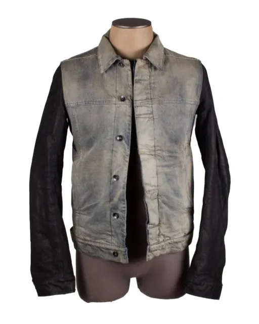 Rick Owens Drkshdw Washed Gray Denim Cotton Black Leather Sleeve Jacket Size M