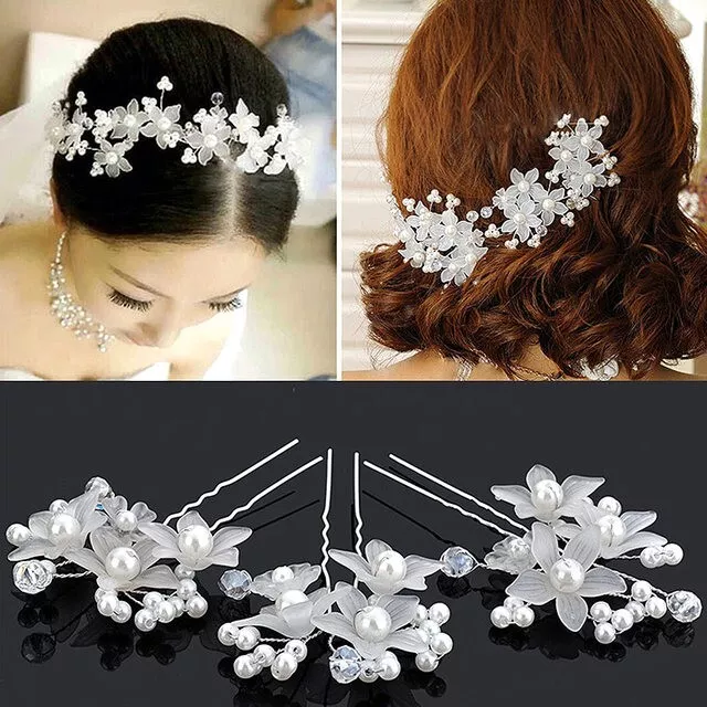 Pack of 4 White Frosted Flower Pearl & Crystal Bridal Hair Pin Wedding Headdress