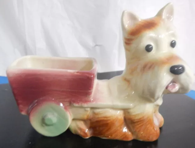 Vintage 1940's Scottie Dog Pulling Cart Planter Pottery, GUC, animal, display