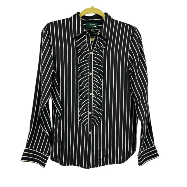 LRL Ralph Lauren 100% Silk Women’s Blouse Black White Stripes M Ruffle Front