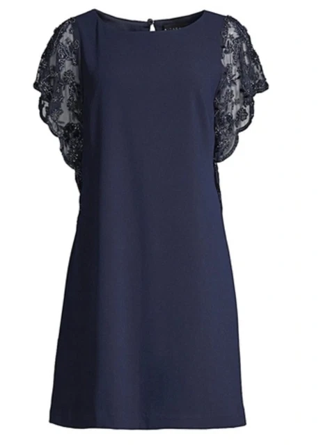 NWT $330 Aidan Mattox Lace Sleeve Trapeze Dress Twilight SZ 14