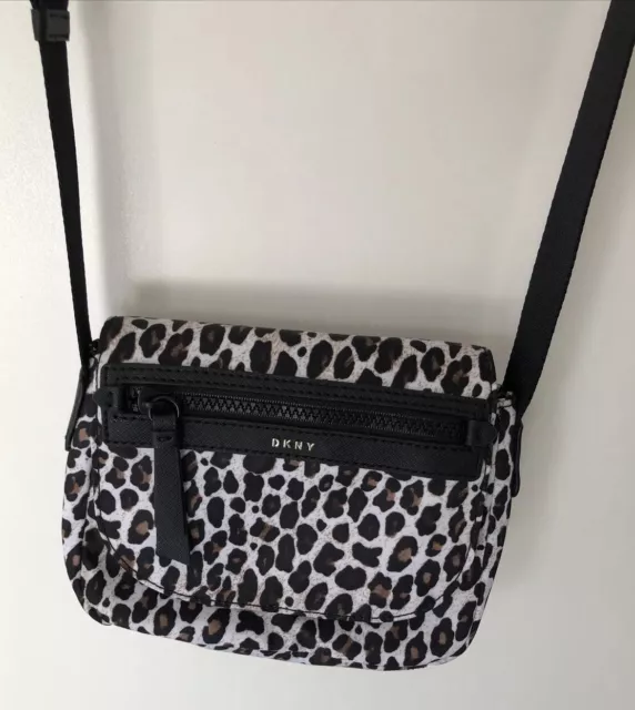 DKNY Women's Leopard Cheetah Nylon Cross-body Shoulder Bag W/Gold Logo