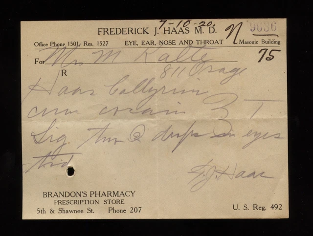 FREDERICK J HAAS MD Leavenworth Kansas Handwritten COCAINE Prescription 1920 #3