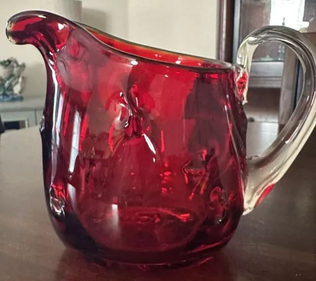 Ruby Red Pinched Glass Blown Pitcher Handmade Applied Clear Glass Handle