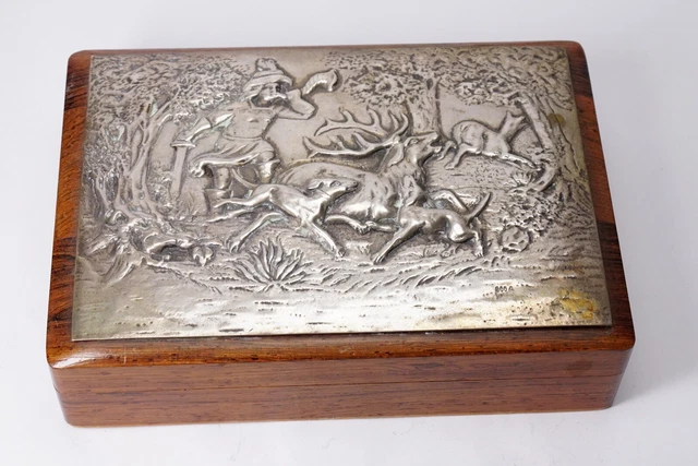800 Silber Teak Holz Dose Jäger Jagd Szene Zigarrenkiste