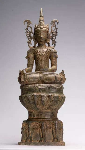 Antique Burmese Style Bronze Shan Buddha Statue Elephant Throne - 61cm/24"