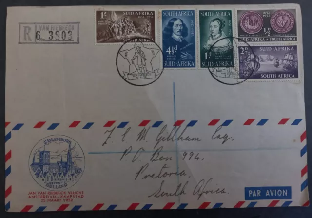 1952 South Africa Airmail Registered Cover ties 5 Stamps cd Van Riebeeck