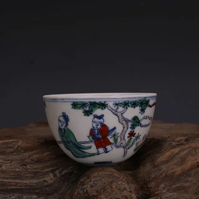 Chinese Ming Chenghua Blue and White Doucai Porcelain Figure Teacup Cup 3.0 inch