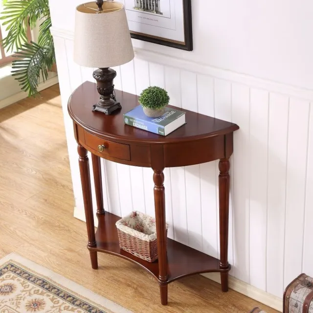 Wood Console Table with Drawers and Floor Shelf - Classic Half-circle Design