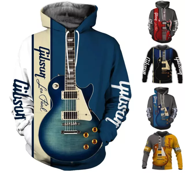 Mens Gibson Guitar Inspired Graphic Print Hoodie Sweatshirt Top - Sizes XS-6XL