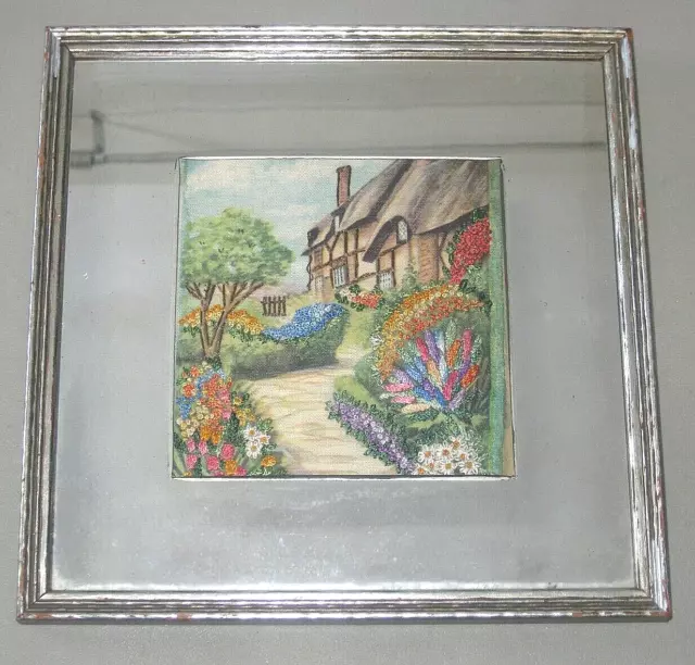 Antique/Vintage/Folk Needlepoint Embroidery Cottage Home Woods Floral Framed #2