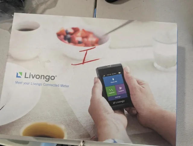 Kit de medidor conectado Livongo con tiras reactivas folleto de solución de glucosa.