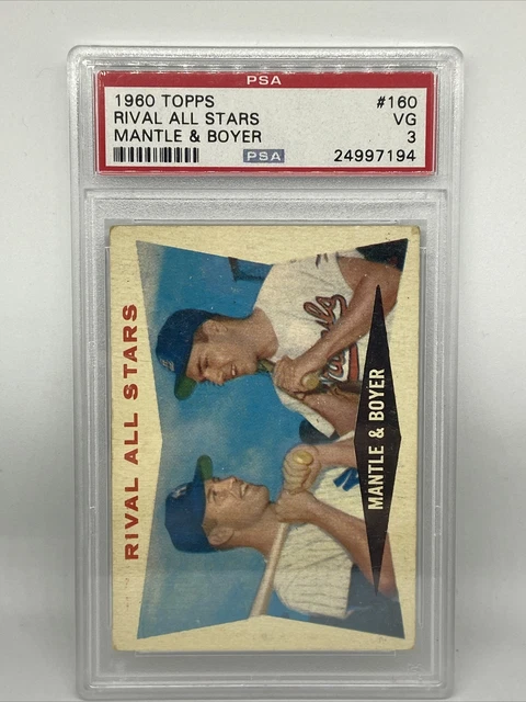 1960 Topps Baseball Card Mickey Mantle & Boyer Rival All Stars #160 PSA 3 VG 🔥 1960 Topps Baseball Card Mickey Mantle & Boyer Rival All Stars #160 PSA 3 VG 🔥