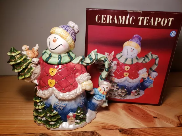 Hand Painted Ceramic Teapot Snowman Christmas Tree Squirrel Holiday Decor