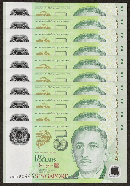 SINGAPORE 5 Dollars X 10 PCS w/1 Triangle 2014 P-47d POLYMER 1/10 Bundle UNC