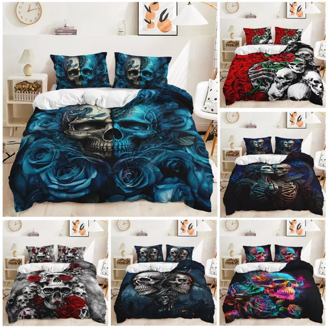 Red Blue Rose Skull Skeleton Gothic Couple Floral Doona Duvet Quilt Cover Set