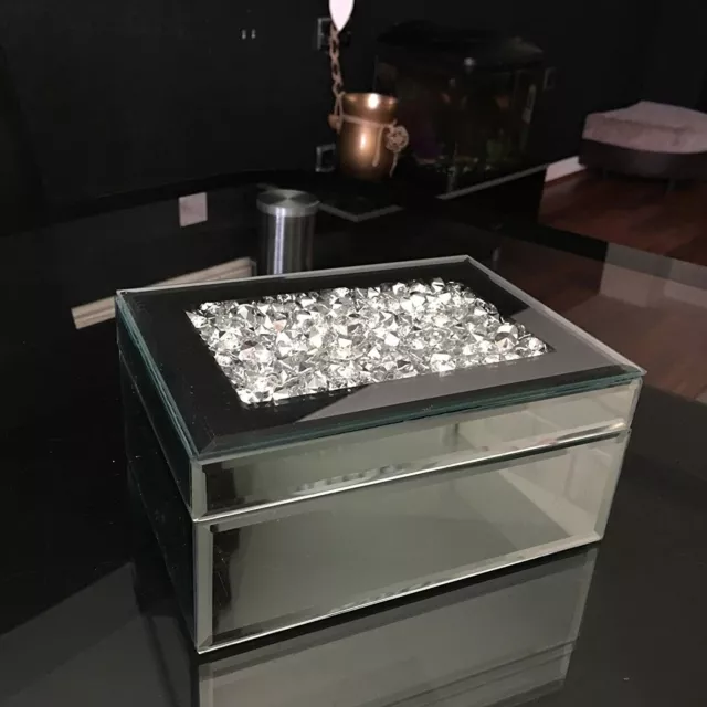 CRUSHED JEWEL Mirrored Jewellery Trinket Box Crystal RECTANGLE BLING 19X9X14CM
