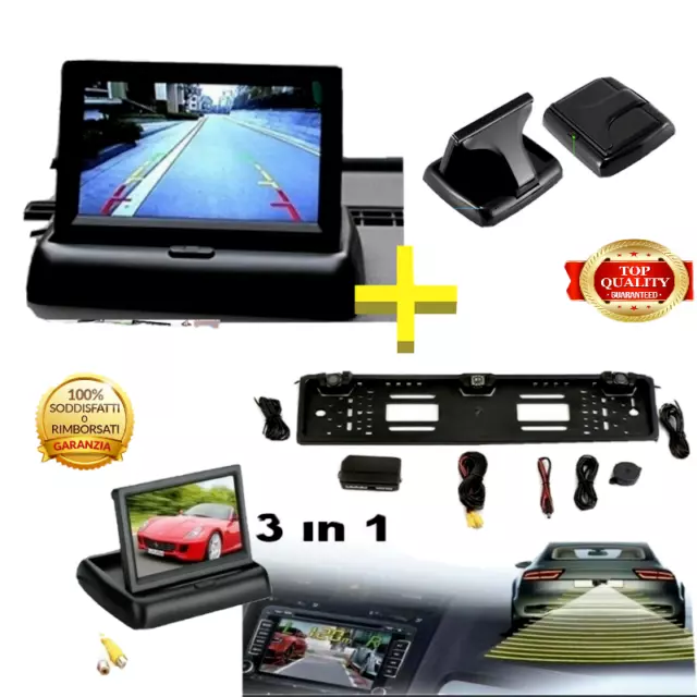 Kit Completo Parcheggio Auto Monitor Da 4,3+Portatarga Con Retrocamera E Sensori