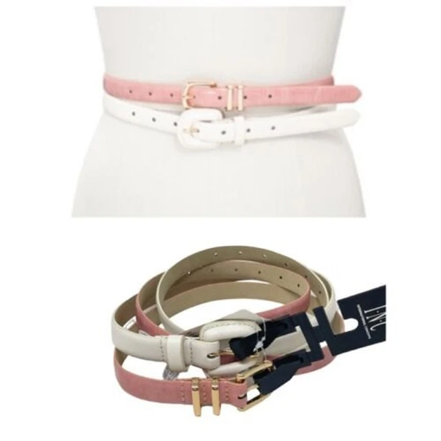 INC Crocodile Embossed Skinny Belts Set of 2 Size M Pink White Gold 80s NWT