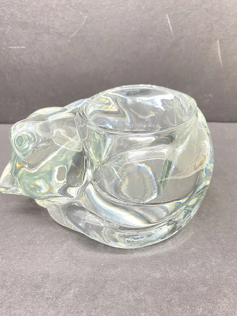 Vtg Indiana Glass Clear SLEEPING CAT Kitten Tea Votive Candle Holder Paperweight