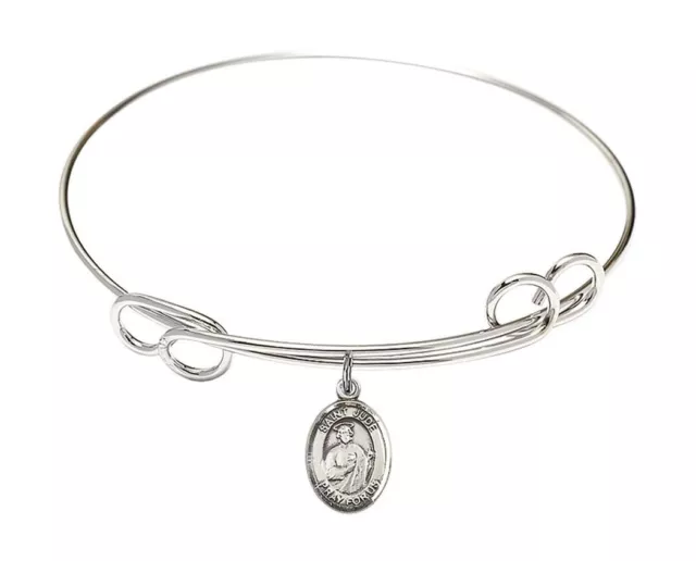 Silver Tone Double Loop Bangle Bracelet with Saint Jude Thaddeus Charm, 8 Inch