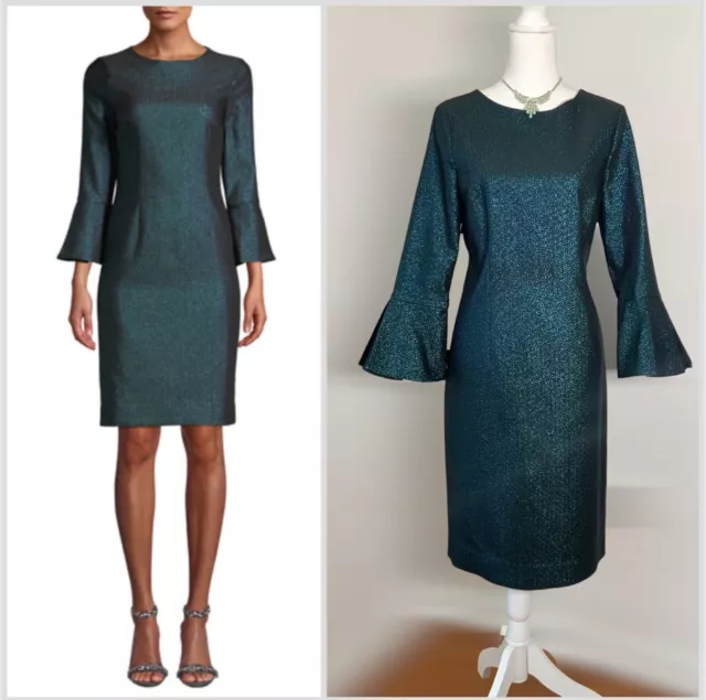 Rickie Freeman for Teri Jon Emerald Metallic Jacquard Sheath Dress Sz 10 fits 8