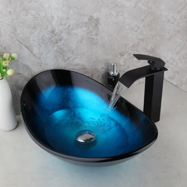 CZ Oval Glass Wash Basin Bathroom Vessel Sink Black Waterfall Taps Faucet Set