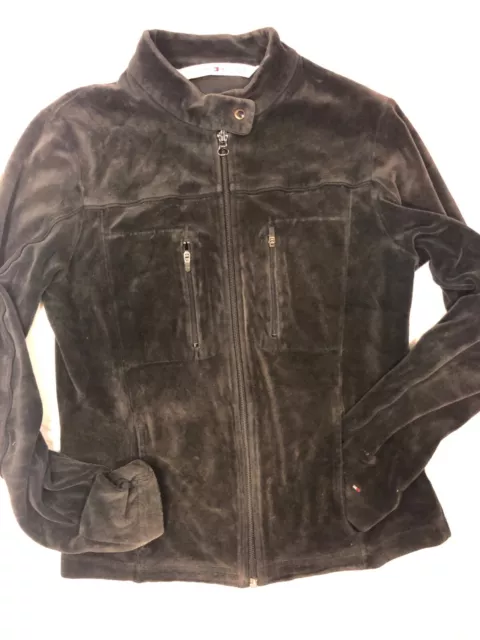 Tommy Hilfiger jacket velour black zip up soft distressed long sleeves 