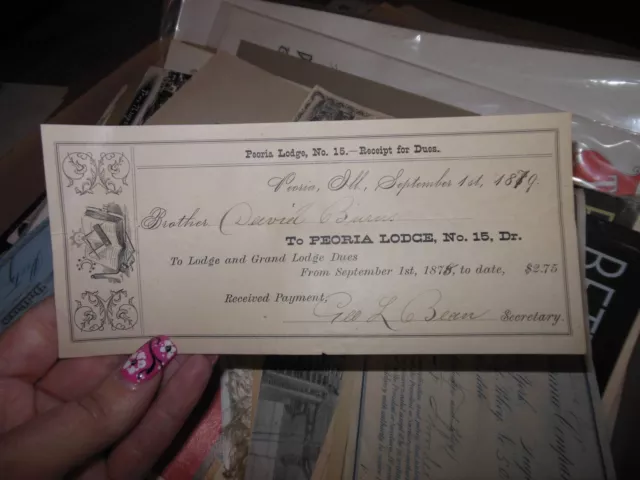 1879 Peoria, Illinois Peoria Lodge No.15 $2.75 Receipt For Dues