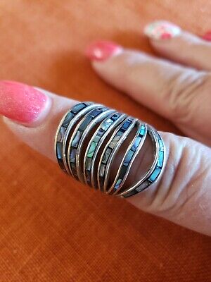 Sterling Silver Ablone Ring Wide Statement Size 7.5 Top Width 1.03" great cond.