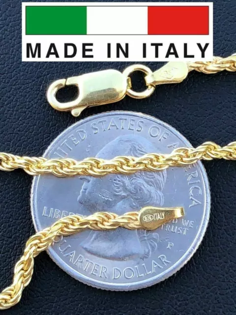 Cadena De Cuerda Bañada Oro De 14k Sobre Plata Sólida 925 HECHA EN ITALIA Unisex