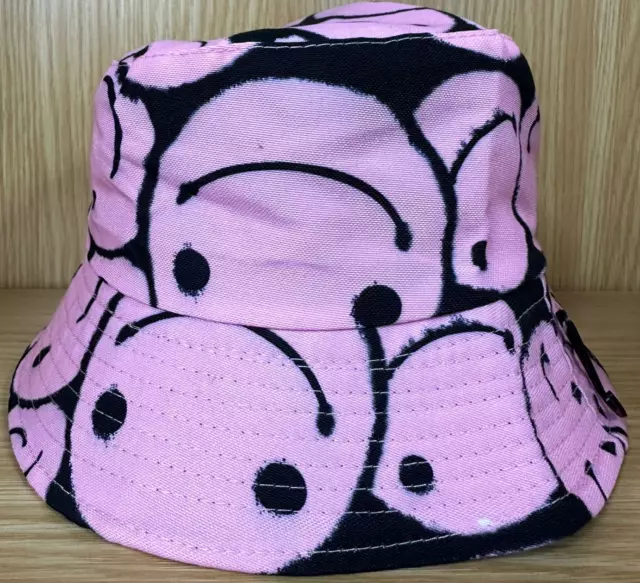 Bucket Hat Cloud Pink Smiley Pattern Double Layered Reversible Cotton - One Size