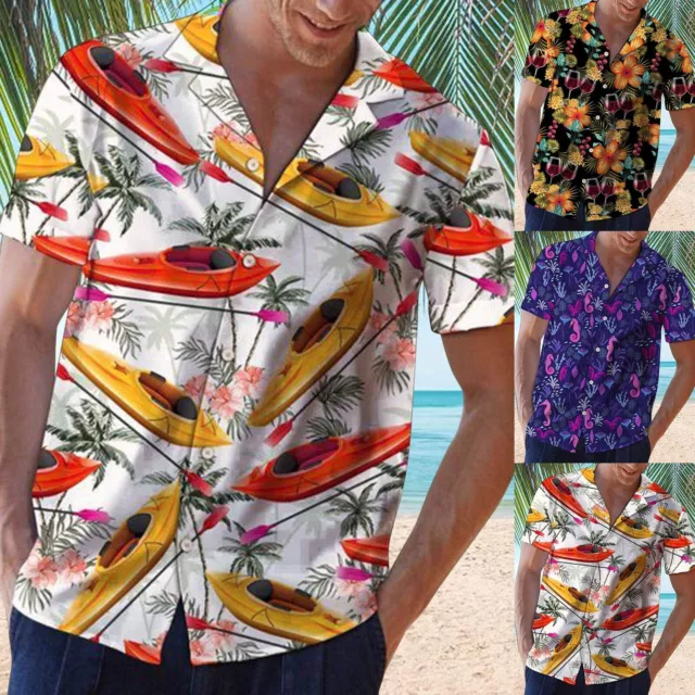 Men's Spring Summer Top Hawaii Printed Turndown Collar Top Casual Loose