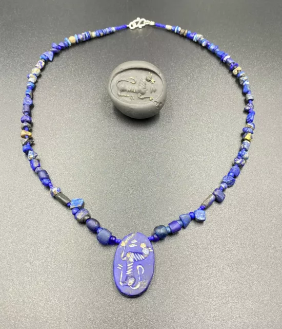 Old Lapis Beads Intaglio Necklace Ancient Roman Greek Afghani Persian Jewelry
