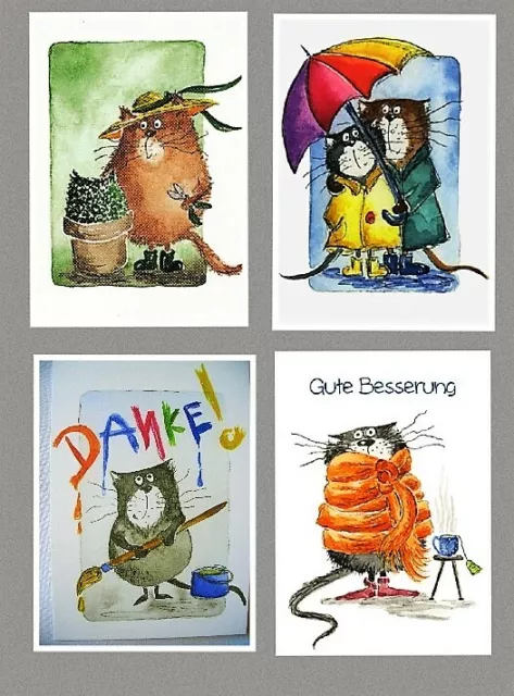Postkarte*Lustiger Kater&sagt Danke*Gartenfrau*Gute Besserung*im Regen*10x15*