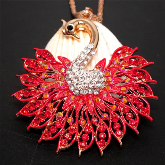 New Red Rhinestone Bling Peacock Crystal Pendant Fashion Women Chain Necklace