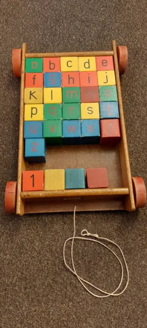 Vintage 1950s 60s Tri-Ang Pull Along Block Cart Educational Wooden Toy.