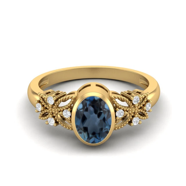 Forme Ovale Naturel Topaze Bleu Londres 10k or Jaune Solitaire Celtic Femme Ring