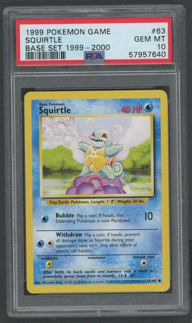 Pokemon Card - PSA 10 Squirtle 63/102 - 1999 2000 Base Set 4th Print - GEM MT